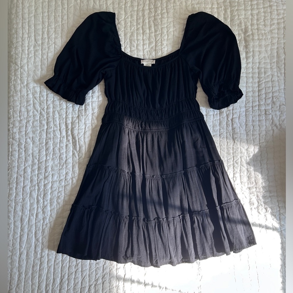 Altar'd State Black Tiered Midi Dress with Puff Sleeves